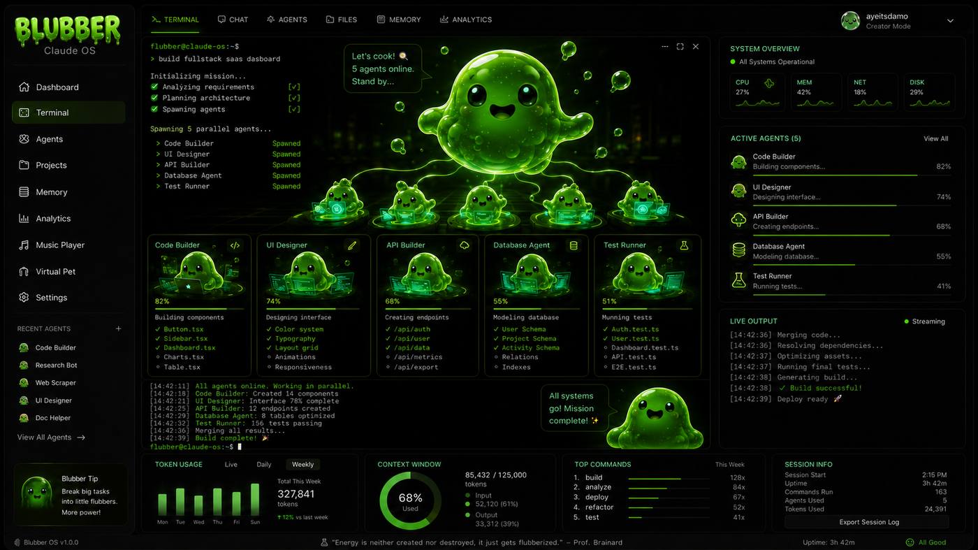 Blubber OS agents screen — five agents working in parallel